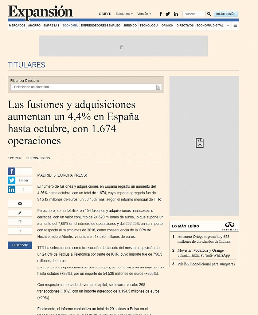 Las fusiones y adquisiciones aumentan un 4,4% en Espaa hasta octubre, con 1.674 operaciones